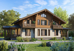 Дом шале H-300-1.5K+D (11.0x20.5) камень+клееный брус