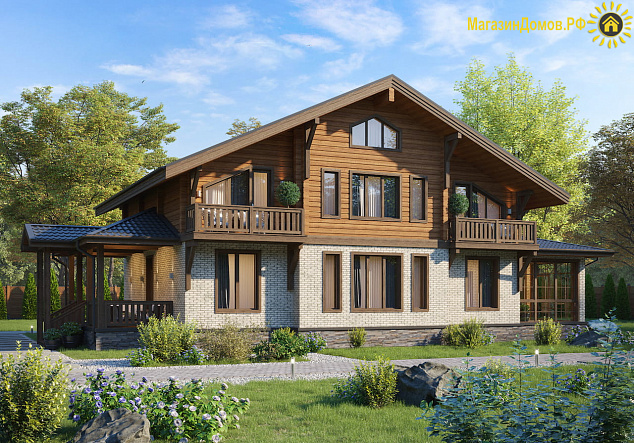 Дом шале H-300-1.5K+D (11.0x20.5) камень+клееный брус
