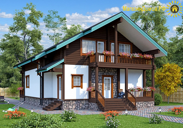 Дом-шале H-217-1,5K+D (10.0 х15.8) камень+клееный брус