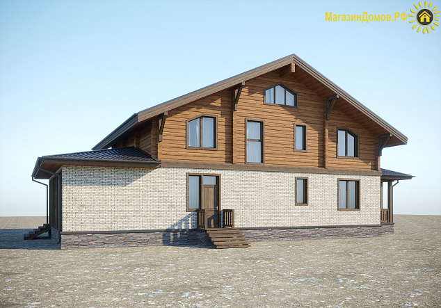 Дом шале H-300-1.5K+D (11.0x20.5) камень+клееный брус