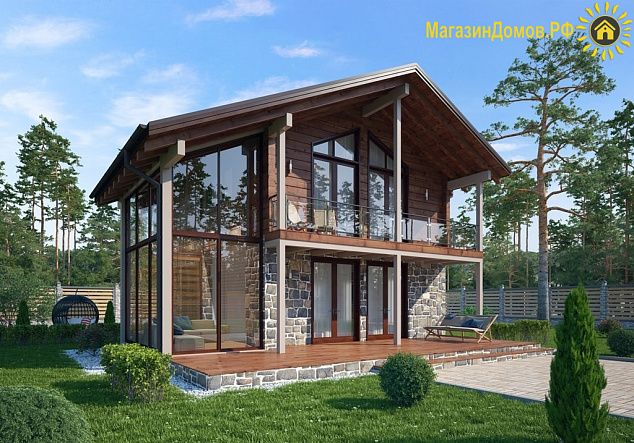 Дом шале H-185-1.5K+D (10.55x12.80) камень+клееный брус