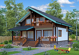 Дом-шале H-217-1,5K+D (10.0 х15.8) камень+клееный брус