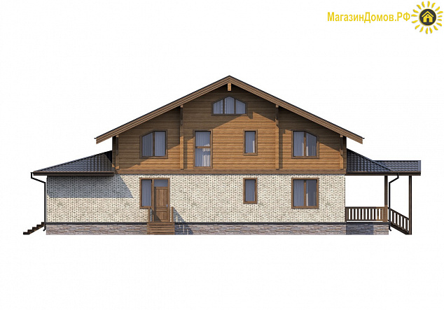 Дом шале H-300-1.5K+D (11.0x20.5) камень+клееный брус