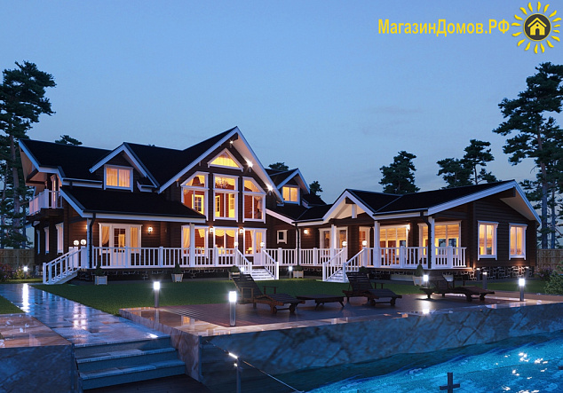 Дом из клееного бруса H-548-1B+2D (22.2х26.7) с парной и бассейном