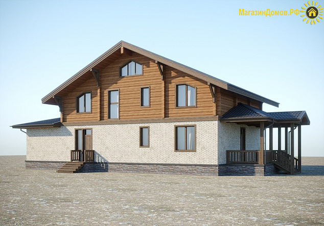 Дом шале H-300-1.5K+D (11.0x20.5) камень+клееный брус