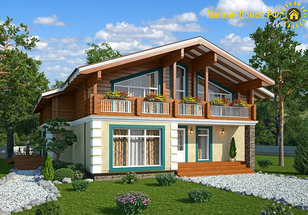 Дом шале H-480-1,5K+D (18.4х15.0) камень+клееный брус