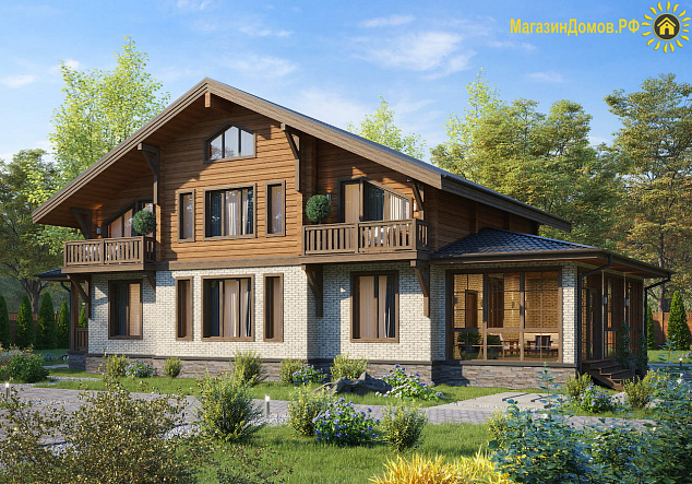 Дом шале H-300-1.5K+D (11.0x20.5) камень+клееный брус