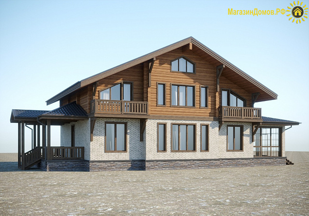 Дом шале H-300-1.5K+D (11.0x20.5) камень+клееный брус