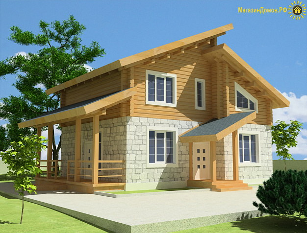 Дом шале H-120-1,5K+D (7.7х8.3 ) камень+клееный брус