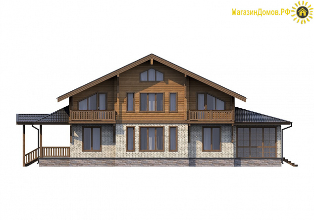 Дом шале H-300-1.5K+D (11.0x20.5) камень+клееный брус